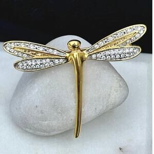 Vintage Gold Tone Rhinestone Dragonfly Brooch Pin